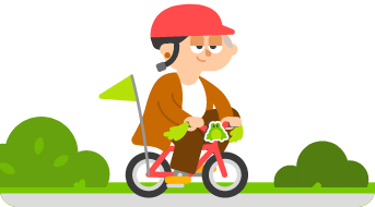 Duolingo character Lin riding a bicycle on a shrub-lined street