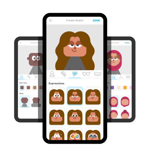 Drei iPhone-Bildschirme, auf denen der Avatar-Generator zu sehen ist. Oben auf dem Bildschirm befindet sich ein großes Rechteck mit dem aktuellen Avatar und darunter sind verschiedene Optionen zur Erstellung dieses Avatars abgebildet.