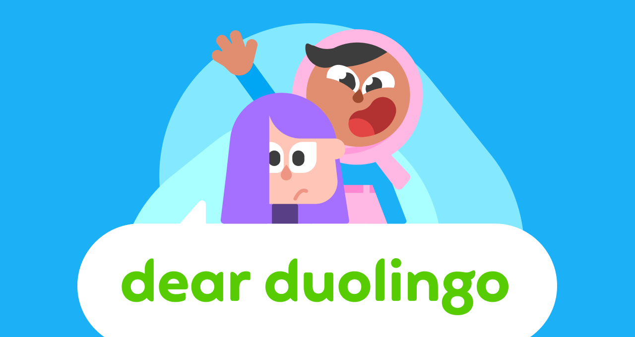 Illustration of the Dear Duolingo logo with characters Lily and Zari perched on top. Lily looks intimidated and Zari looks enthusiastic and is raising her hand