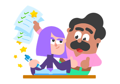 Ilustración de los personajes de Duolingo Lily y Óscar. Lily está escribiendo y su profesor Óscar está detrás de ella, sosteniendo unas hojas con marcas de verificación verdes y estrellas. Ambos están mirándose y felicitándose con un pulgar hacia arriba.