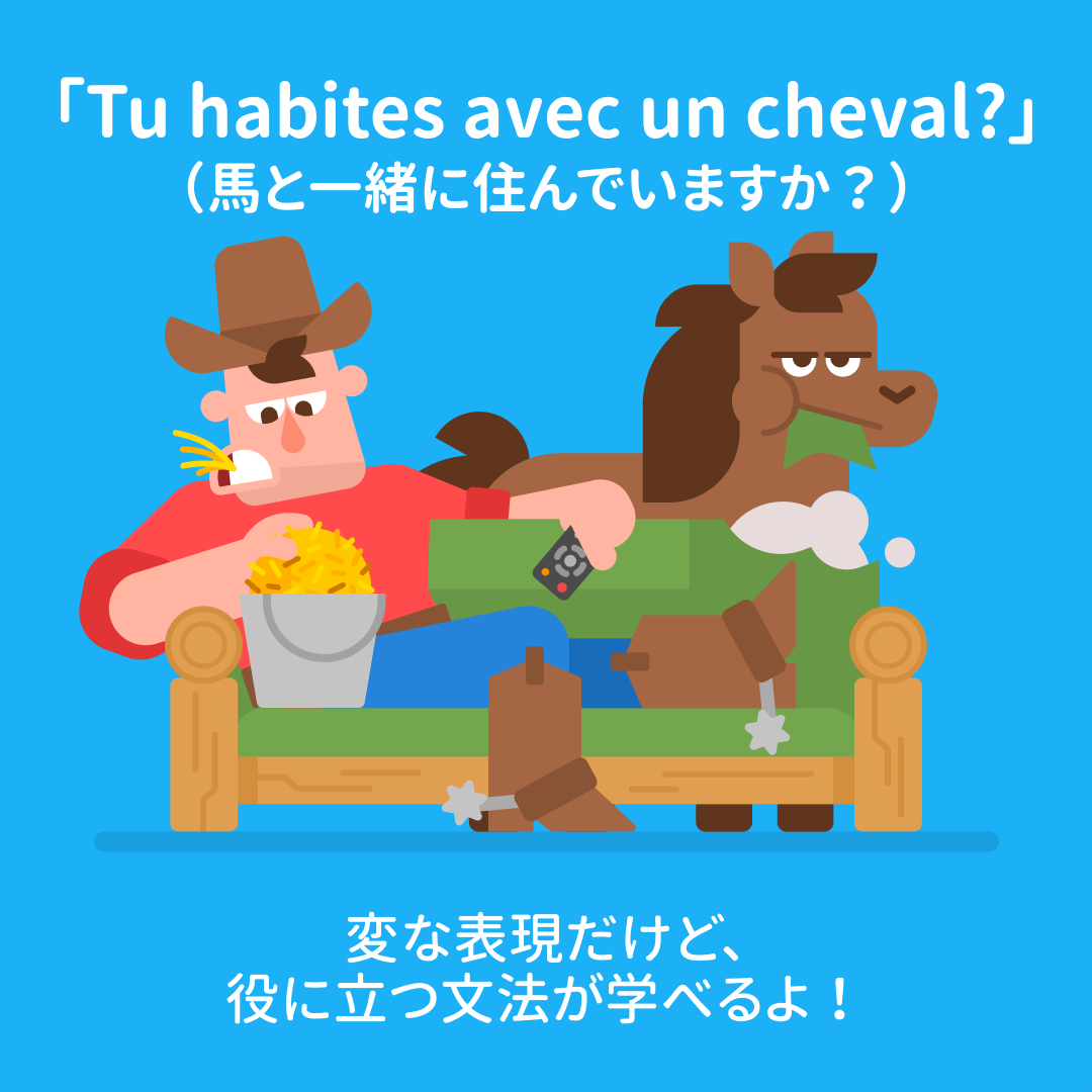カウボーイがソファに座って馬と一緒に干草を食べているイラスト。上部に「Tu habites avec un cheval?（馬と一緒に住んでいますか？）」、下部には「変な表現だけど、役に立つ文法が学べるよ！」の文言。