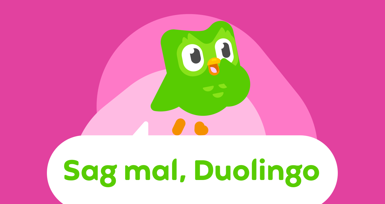 Abbildung des Logos von „Sag mal, Duolingo“ mit der neugierigen Eule Duo darüber