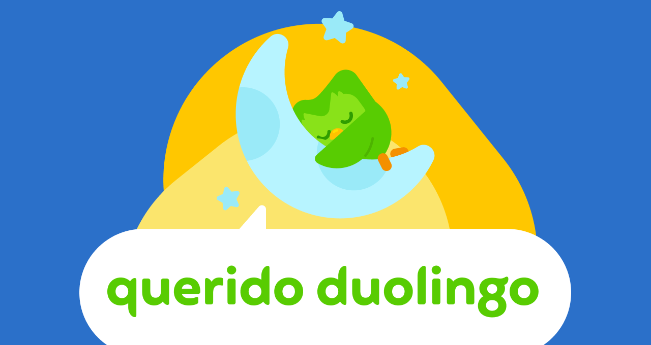 Ilustração do logo da Querido Duolingo com uma lua crescente imediatamente acima das palavras e um pequeno Duo dormindo aconchegado no côncavo da lua.