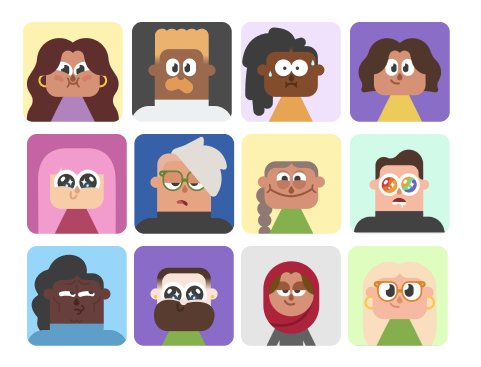 una grilla de 5 por 3 donde aparecen 15 avatares de Duolingo diferentes. Cada uno de ellos tiene un peinado, expresión y tono de piel distintos, además de otros detalles.