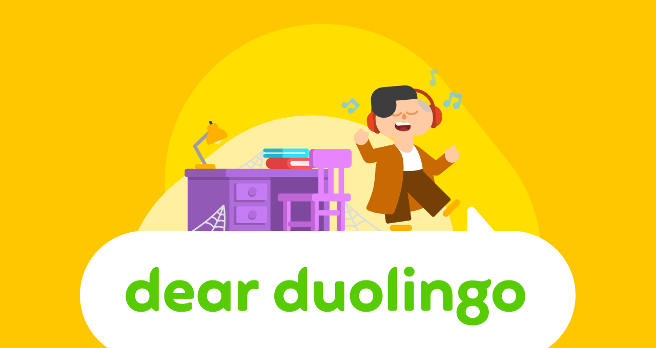 Illustration of the Dear Duolingo logo with Lin standing on top, wearing headphones, and dancing to music, while standing next to a desk covered in cobwebs