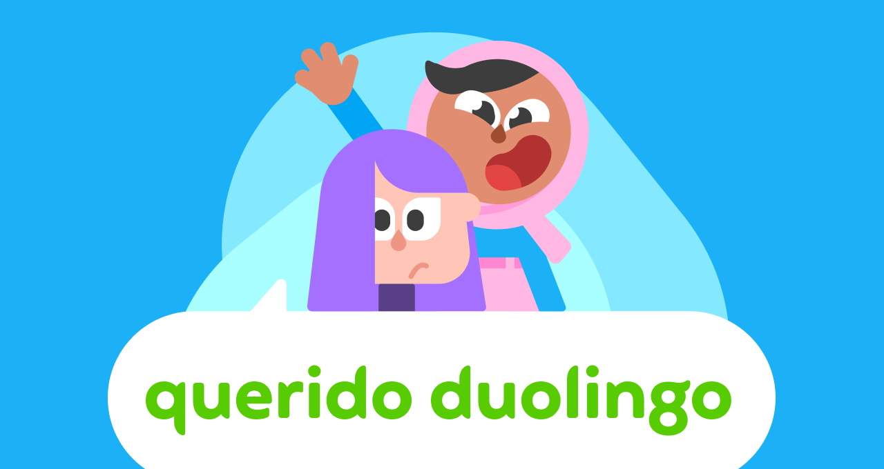 Ilustração do logo da Querido Duolingo com as personagens Lili e Zari acima dele. Lili parece intimidada, enquanto Zari parece entusiasmada e está levantando a mão.