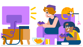 Two people sit in a living room holding video game controllers. They are staring intently at a TV screen. There are snacks in front of them and a bored cat in the background.