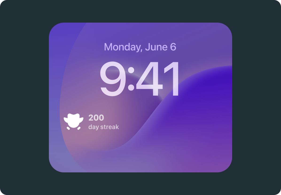 Ein iPhone-Sperrbildschirm mit der Anzeige „Monday, June 6, 9:41“. Unter der Uhrzeit ist eine kleine Silhouette von Duo abgebildet, neben der „200 day streak“ steht.