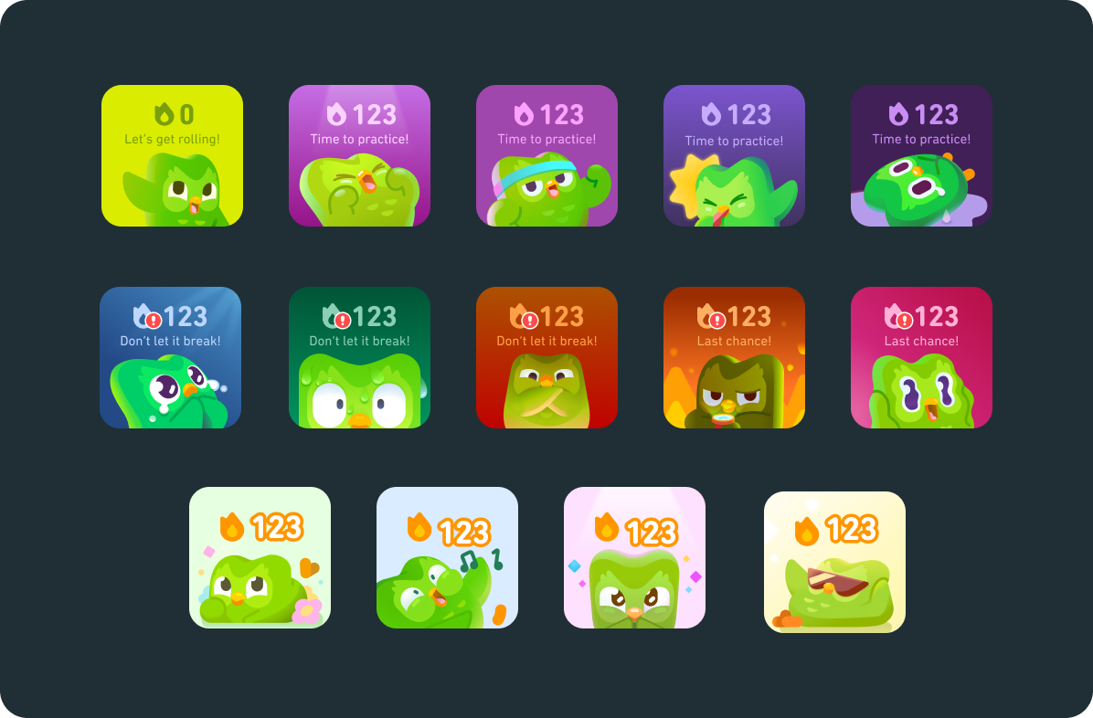 3 rows of different widget icons show Duo in various moods based underneath a streak counter. When the streak counter has not been filled yet, Duo looks increasingly panicked. When the streak counter has been filled, indicating the user has done a lesson, Duo looks relaxed and happy.