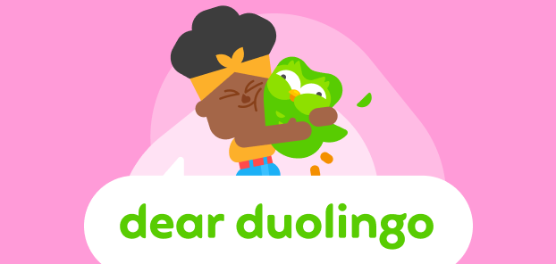 Illustration of the Dear Duolingo speech bubble logo with Bea above it holding Duo in a very tight hug