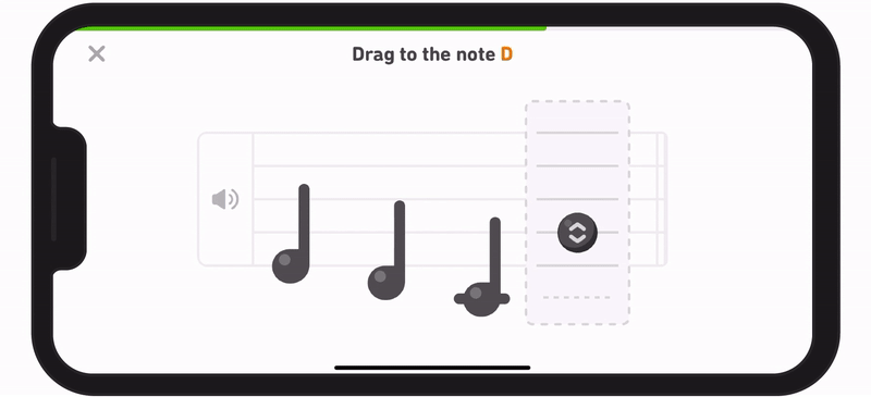アイフォン画面での音楽レッスンの様子を示すGIF動画。学習者が音符を五線譜の適切な場所にドラッグするという練習問題が表示されている
