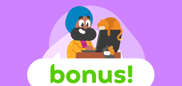 Illustration of Vikram in a sparkly jacket, working on a laptop near two cats, above a speech bubble that says "bonus!"