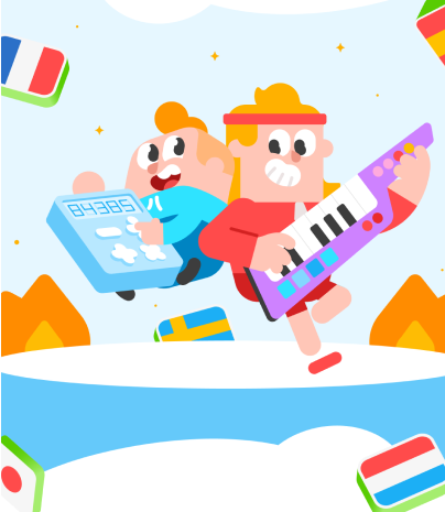 Die Duolingo-Charaktere Eddy und Junior stehen auf einem Podium. Hinter ihnen lodern Streak-Flammen. Junior hält einen Taschenrechner in der Hand und Eddy spielt auf einem Keyboard. Flaggen verschiedener Länder schweben um sie herum.