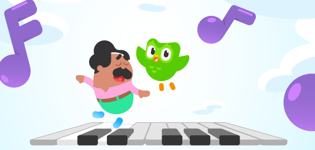 Duolingo characters Oscar and Duo dancing on a piano keyboard. Purple musical notes swirl around them. 