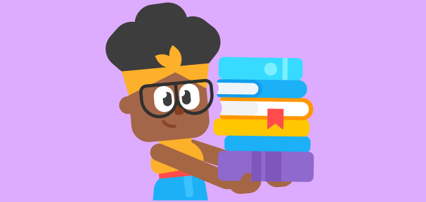 Illustration of Duolingo character Bea wearing glasses and holding a stack of books