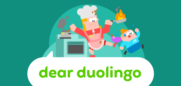 Illustration of the Dear Duolingo logo with Eddy and Junior above it. Eddy is multitasking in the kitchen and making a mess and Junior is running away