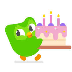 Illustration of Duo the owl whistling and carrying a large pink cake decorated with frosting and candles