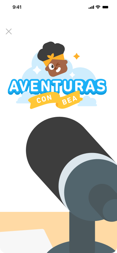 Screenshot of the beginning of a DuoRadio lesson, with a large illustration of a microphone and above it a logo with Bea's winking face and the words 'Aventuras con Bea.'