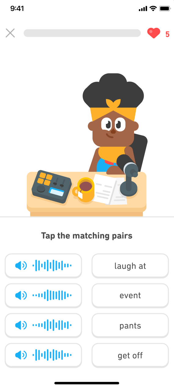 Screenshot of an illustration of Bea sitting at her DuoRadio desk in front of a microphone. The instructions say 'Tap the matching pairs' and below it are 4 blue speaker buttons of audio files and 4 English translations.