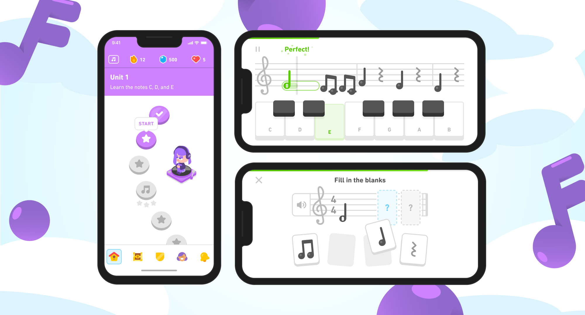 Three screens showing the new Music course. The first iPhone screen shows a Duolingo path labeled "Unit 1: Learn the notes C, D, and E" and there are two nodes completed. The second two screens are exercises from the Music course: the phone is oriented horizontally for both. The first exercise shows someone playing notes on a keyboard that correspond to notes on a staff, and the second is a "fill in the blank exercise" where a learner drags the appropriate note or rest note onto the staff.
