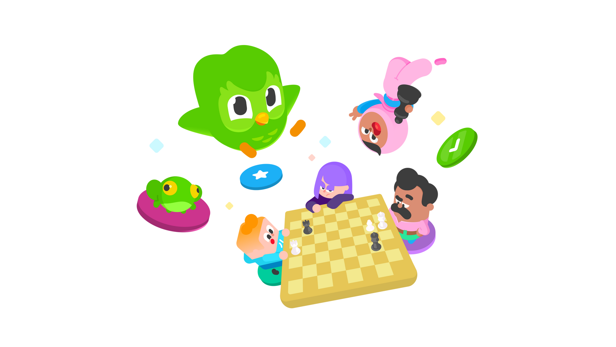 Illustration of Lily, Junior, and Oscar around a chess board, with Duo, Zari, and Duolingo path icons (and a frog?!) floating above them.