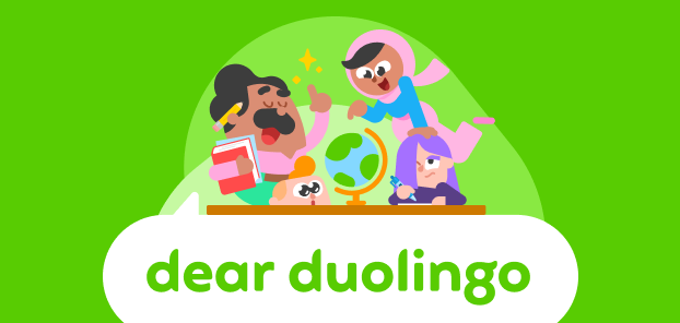 Illustration of the Dear Duolingo logo with Oscar standing above it near a globe, lecturing to Zari, Lily, and Junior