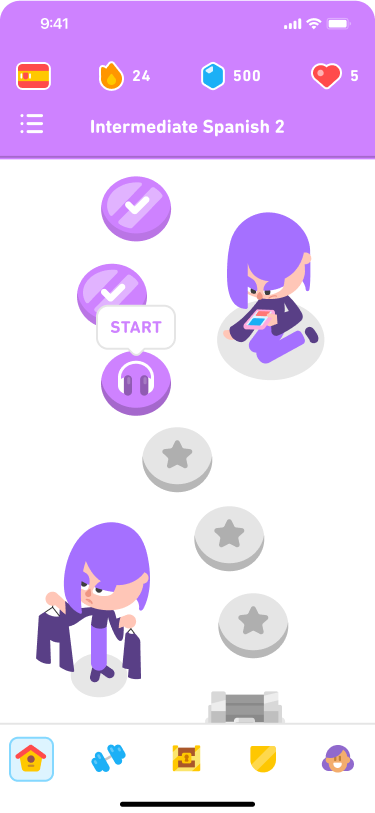 Screenshot of a section of the Intermediate Spanish 2 section, showing the path with 2 completed purple. The next node has headphones on it and the bubble above it says 'Start.'