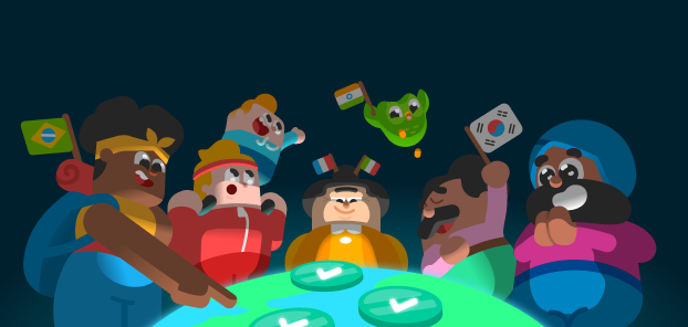 Illustration of the Duolingo characters standing together and looking down at the world, which is glowing and lighting up their faces. They look excited and eager, and they are holding flags from countries around the world.