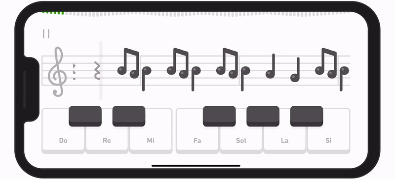 Animación de una lección de música en la app. Muestra un ejercicio en el que el usuario debe tocar las notas que aparecen en el pentagrama con un teclado de piano.