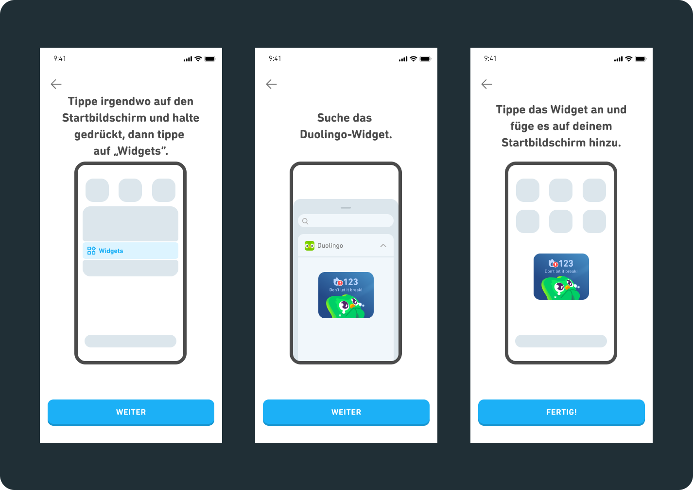2 Bildschirme von Android-Smartphones mit einer Anleitung zur Installation des Widgets. 1) Tippe irgendwo auf den Startbildschirm und halte gedrückt, dann tippe auf „Widgets“. 2) Suche das Duolingo-Widget. 3) Tippe das Widget an und füge es auf deinem Startbildschirm hinzu.