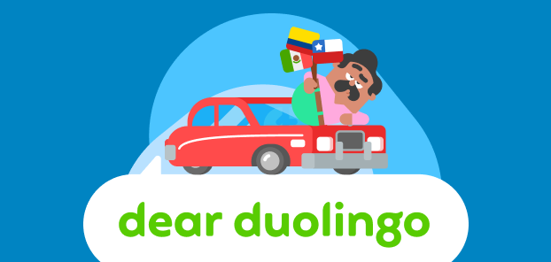 Illustration of the Dear Duolingo logo with Oscar perched atop a low-rider car holding the flags for Chile, Mexico, and Colombia.