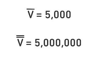 letra V chica mayúscula con una línea horizontal sobre ella, que equivale a 5,000. Debajo hay una letra V chica mayúscula con dos líneas horizontales sobre ella, que equivale a cinco millones.