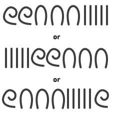 3 rows of Egyptian numerals, all with the same value (235). The first row is two coils, followed by 3 arches and then 5 straight lines. The second row is the 5 straight lines first, then the two coils, and finally the 3 arches. The third row is one coil, then the 3 arches, 5 straight lines, and second coil.