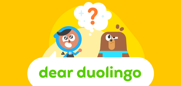 Illustration of Dear Duolingo logo with Zari and Falstaff as little kids, posed on top, with a question mark thought bubble between them