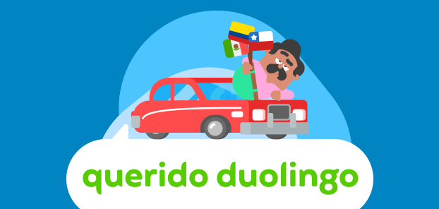 Ilustración del logo de Querido Duolingo. Encima de él puede verse a Óscar acostado sobre un auto mientras sostiene las banderas de México, Colombia y Chile.