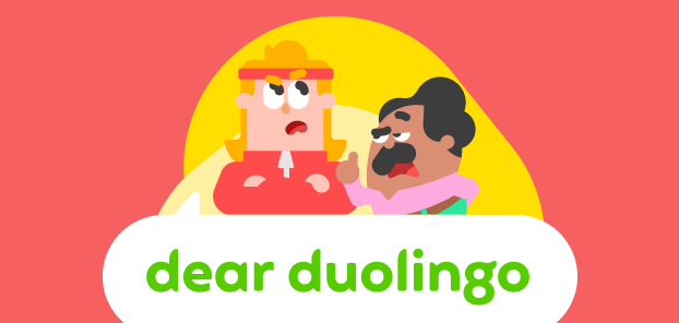 Illustration of the Dear Duolingo logo with Eddy and Oscar above it having a conversation