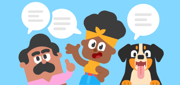 Duolingo characters Bea, Oscar, and a dog all facing forward with speech bubbles above their mouths