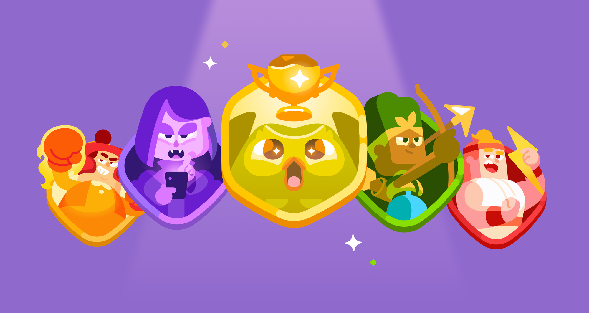 A selection of the new Achievements badges, with all of the world characters representing a different badge.