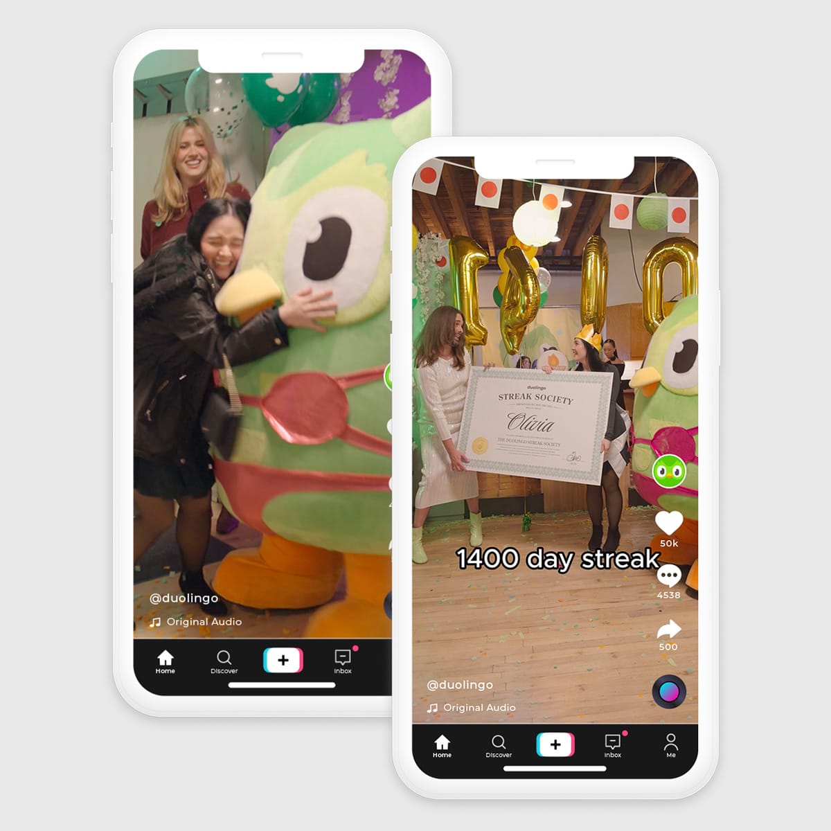 Two iPhone screens showing stills from the surprise party hosted by Duolingo and Jonathan van Ness. The left shows the learner, Olivia, hugging Duo while he's wearing a bikini. The right shows JVN presenting learner Olivia with a large certificate naming her a member of the STREAK SOCIETY