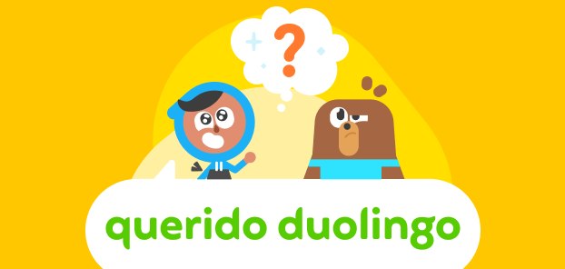 Ilustração do logo da Querido Duolingo com Zari e Falstaff como criancinhas acima do logo e um balão de pensamento com um ponto de interrogação entre os dois.