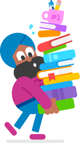 Uma ilustração colorida de Vikram, personagem do Duolingo, equilibrando uma pilha de livros nos braços. No topo da pilha há uma caneca onde se lê “#1”, e dentro dela estão uma caneta e um lápis.