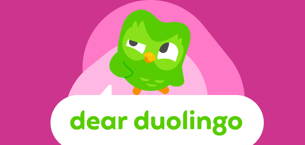 Illustration of the Dear Duolingo logo with Duo the owl standing on top looking suspicious