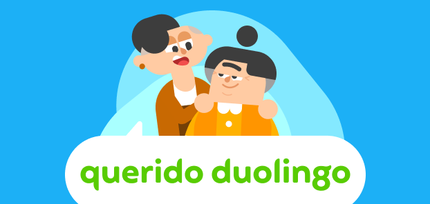 Ilustração do logo da coluna Querido Duolingo, com Lin e sua avó Lucy se entreolhando de forma carinhosa.