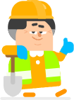 Lucy holding a shovel in a construction outfit