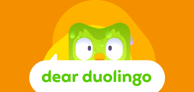 Illustration of the Dear Duolingo logo with a panicked, sweaty, stressed Duo peering above the logo