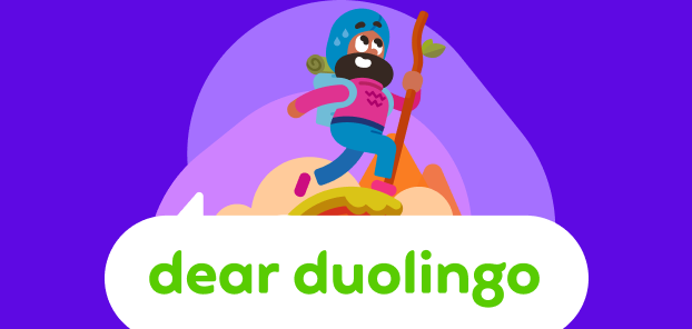 Dear Duolingo logo with Vikram above it, hiking on a mountaintop and looking happily upward