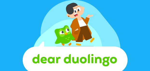 Illustration of the Dear Duolingo logo with Lin and Duo strolling on top in the middle of a conversation