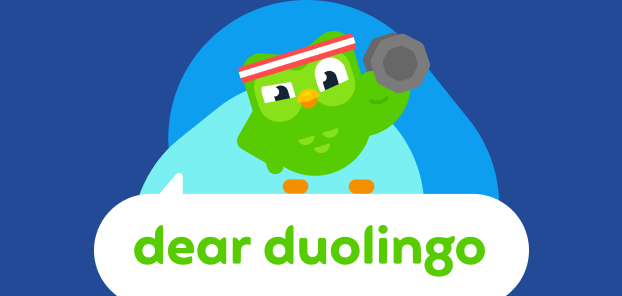 Illustration of the Dear Duolingo logo with Duo perched on top looking buff and lifting a weight.