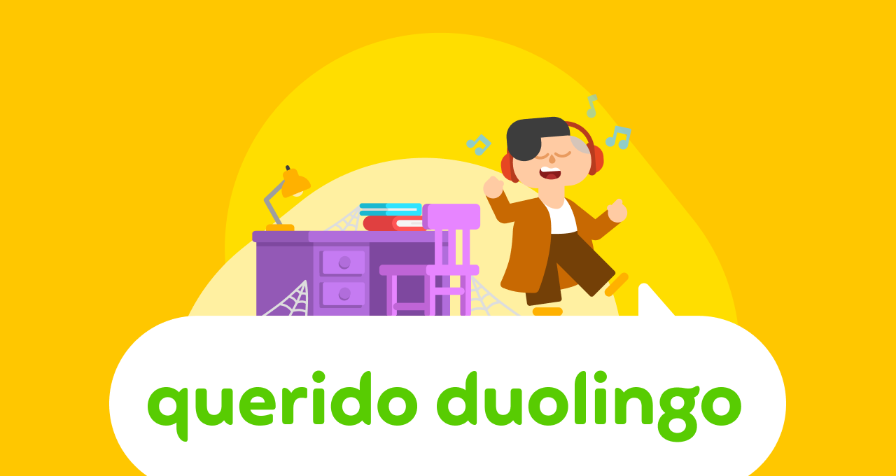 Illustration of the Dear Duolingo logo with Lin standing on top, wearing headphones, and dancing to music, while standing next to a desk covered in cobwebs
