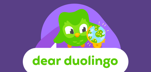 Illustration of the Dear Duolingo logo with Duo the owl perched on top spinning a globe.